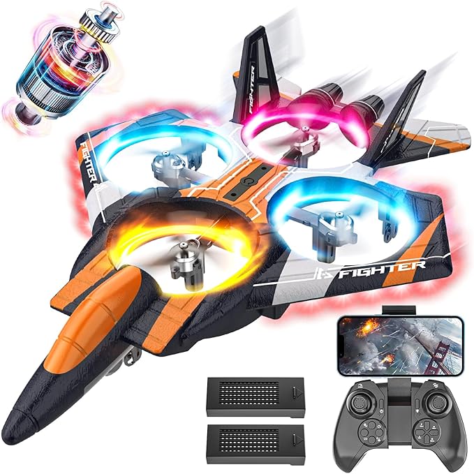 BEZGAR RC Plane for Kids | 2.4GHZ Brushless Drones with Camera, 6-axis Gyro Remote Control Airplane, 360° Flip Fighter Jet Toy, Toys for Ages 8+ with Colorful LED Navigation Lights Orange