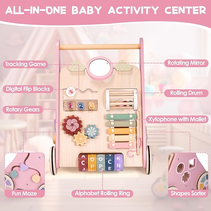 Wooden Baby Walker, Baby Push Walker, Montessori Toddler Walker Toy, Push and Pull Learning Activity Walkers, Baby Walker with Wheels for Boys&Girls 1 Year Old, Baby Walker Push Toy Gifts for Toddler