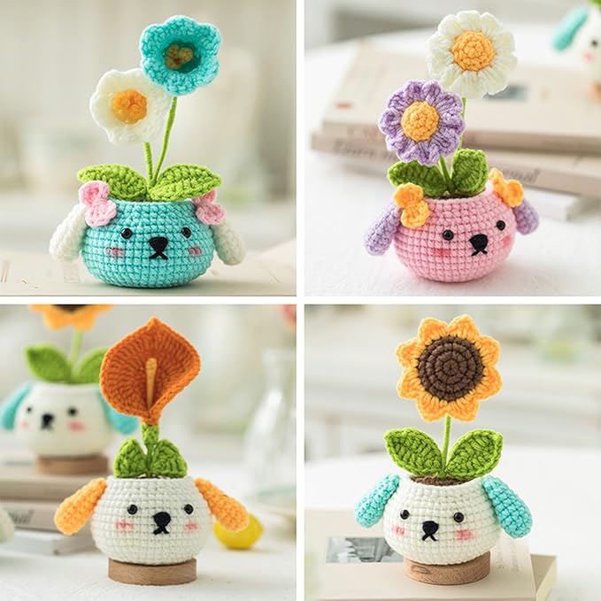 RoseFlower Crochet Kit for Beginners, 4 Pack Potted Plants Crochets Starter Kits with Step-by-Step Video Tutorials, DIY Craft Knitting Crochet Animals Set for Kids Adult