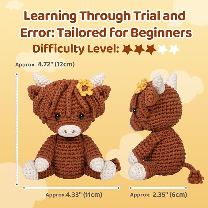 Mewaii Crochet Kit for Beginners with 40% Extra Eco-Friendly Pre-Started Easy Yarn, Step-by-Step Video Tutorials for Adults and Kids (Highland Cattle)
