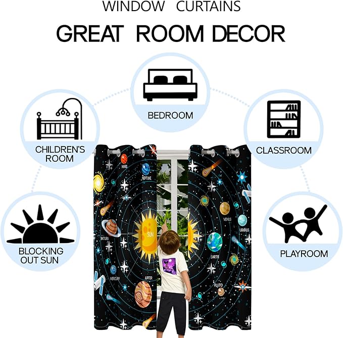 Outer Space Curtains for Boys - 2Pcs Solar System Print Curtain Panels for Boys Bedroom Planets Galaxy 95% Blackout Grommet Top Window Drapes for Living Room, 82" x 84"