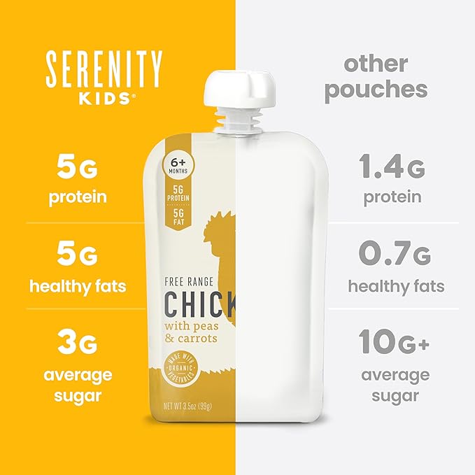 Serenity Kids 6+ Months Baby Food Pouches Chicken Puree - BPA-Free Organic Baby Food - Free-Range Chicken & Pea & Carrot - 3.5 Oz, 6 Pack