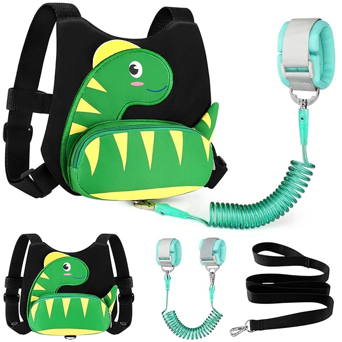 Accmor Toddler Harness Leash + Anti Lost Wrist Link, Cute Dinosaur Kids Harness with Leash, Adorable Child Harness Leash Wristband Strap Belt Protector for Baby Boys Girls to Outdoor Travel