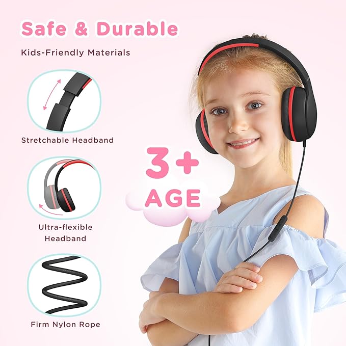 Kids Headphones Wired with Microphone, Over Ear 85/94dB Volume Limited Headphones with Share Port, Stereo Sound Foldable Headset for Teens/Boys/Girls-Black Red