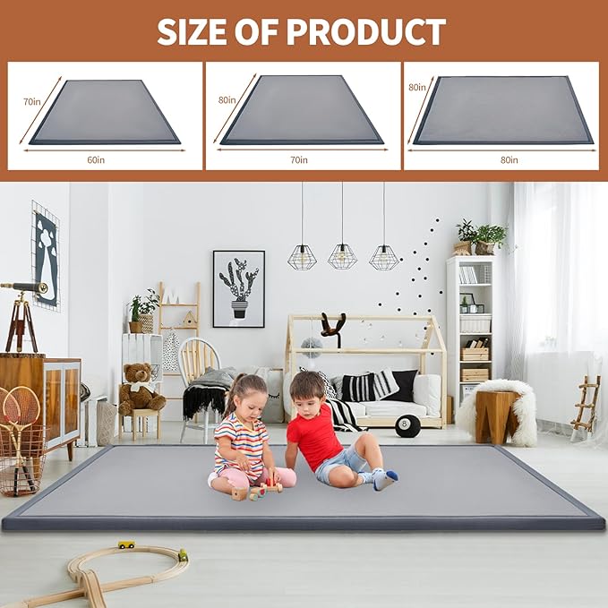 Baby Play Mat for Floor - 1.4" Thick Memory Foam Rug, 80"x80" Playpen Tummy Time Mat, Soft Velvet Nursery Rug, Large Padded Crawling Mat, Cushioned Pads for Playroom Toddlers, Infants, Yoga, Tatami