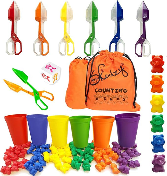 Skoolzy Rainbow Counting Bears, Rainbow Tongs & Sorting Cups - 74 Pcs Color Sorting Toys - Teddy Bear Math Manipulatives for Toddlers 36+ Months for Preschool Kindergarten