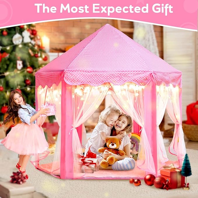Princess Castle Tent with Rug for Girls Fairy Play Tents for Kids Hexagon Playhouse with Fairy Star Lights Toys for Children or Toddlers Indoor Games (Pink Princess Tent with Rug)
