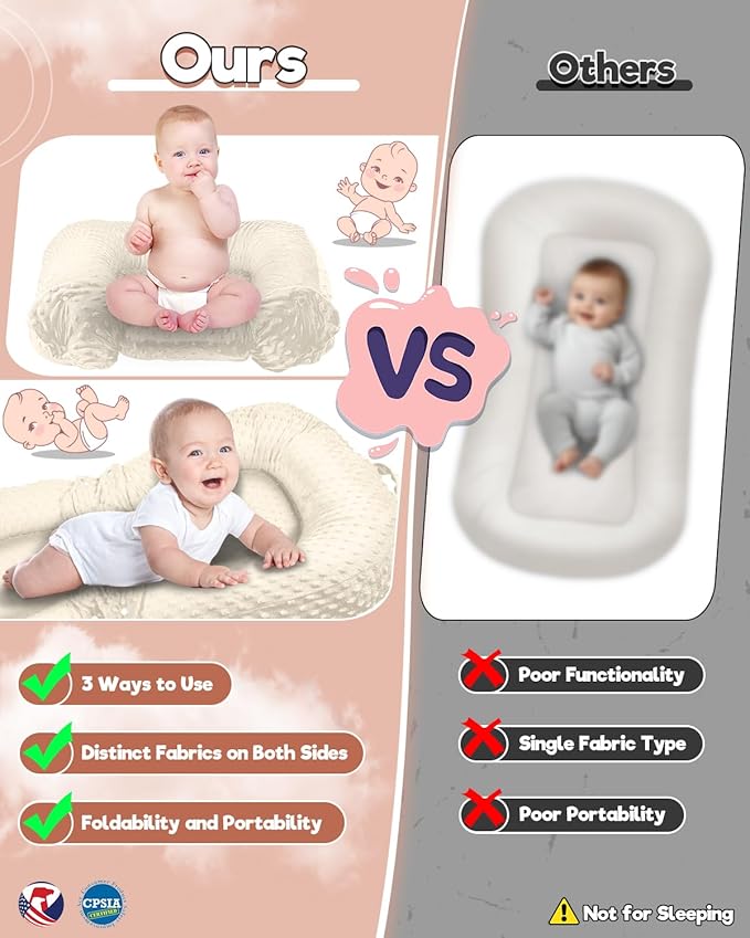 Baby Lounger Pillow 3-in-1 Infant Lounger Pillow for Newborn 0-24 Months, Portable Tummy Time Mat for Home and Travel, Breathable & Soft Baby Seat for Baby