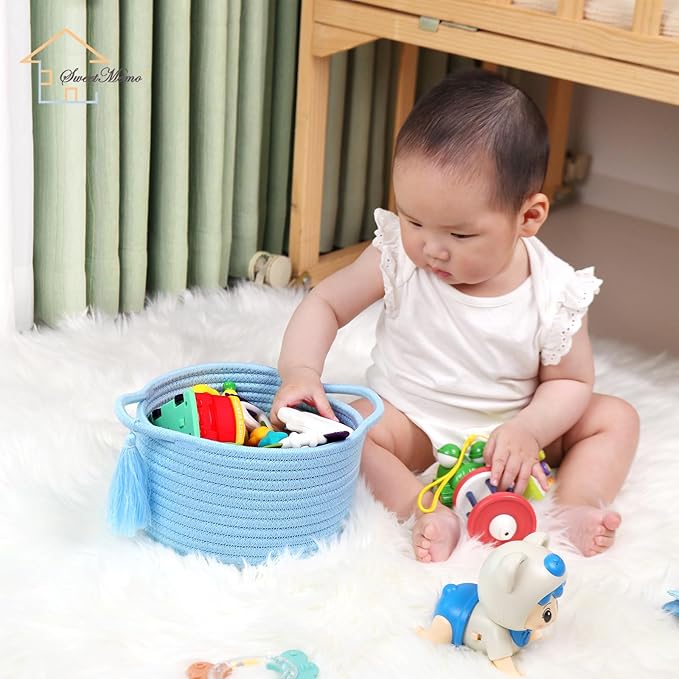 Empty Gift Basket Mini Woven Rope Organizer Baskets for Baby Shower, Vanity, Makeup Brushes, Bathroom, Shelves, Desk - Small Decorative Storage Bins - Set of 2, Pre-Shaped, Soft Blue