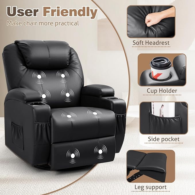 Recliner Chair, 360° Swivel Rocker Chair for Adults, Rocking Recliner Chair with Massage, Comfy Single Sofa with Side Pockets Cup Holders for Living Room, Bedroom, Nursery (Leather, Black)