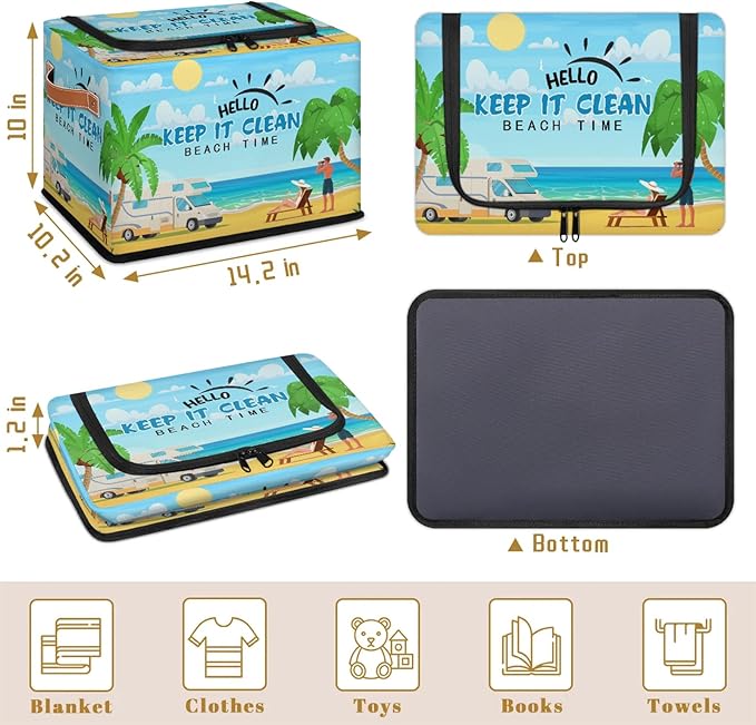 Rectangular Storage Baskets for Shelves - Waterproof Foldable Laundry Basket, Nursery Hamper, Reusable Toy Bin for Organizing Toys, Books, Clothes, Closet 14"x10.2" x10.4"(Beach)