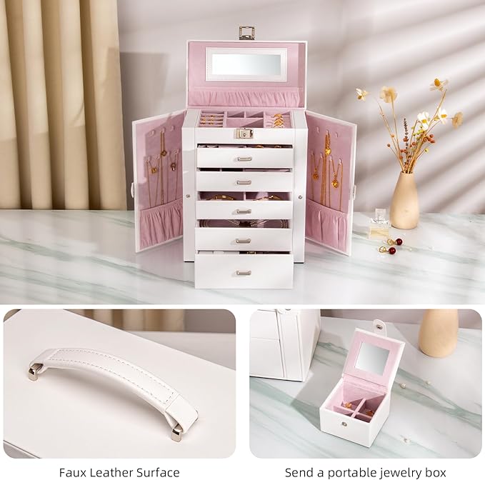 Large Jewelry Box,5-Tier PU Leather Jewelry Organizer with Lock,Multi-functional Storage Case with Mirror,Jewelry Organizer for Bracelets, Earrings, Rings, Necklaces, Mothers Day (CREAM)