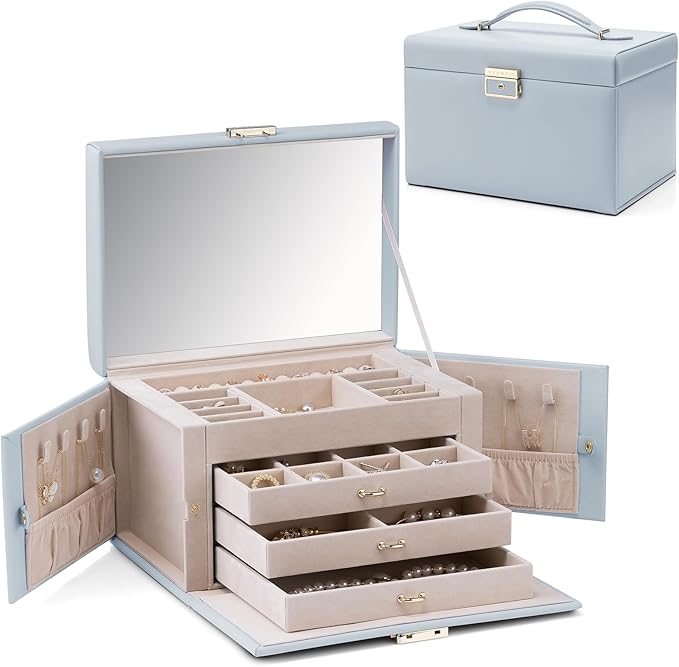 Vlando Jewelry Box for Girls, 4-Tier Jewelry Organizer with Lock, Mirror Jewelry Box for Earring, Ring, Necklace and Bracelets - Blue