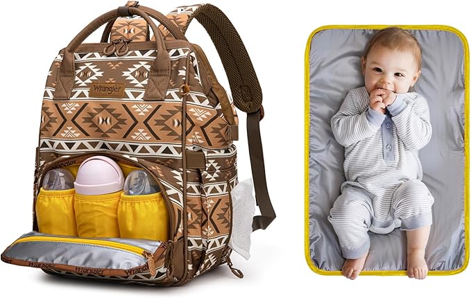 Wrangler Aztec Backpack Multifunction Baby Travel Bag with Changing Pad, Stroller Straps and Pacifier Case WG2204-91103BR