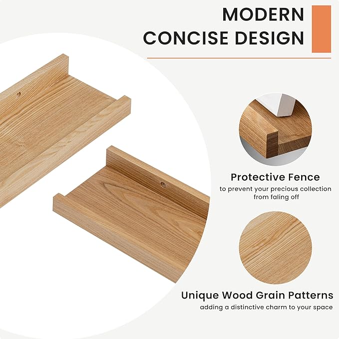 Solid Ash Wood Picture Ledge Shelf, 24 Inch Wood Floating Shelves with Lip Set of 2, Photo Ledge Shelf Nursery Bookshelf Wall Mounted for Living Room Bedroom Decor, Natural