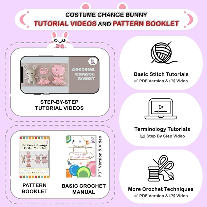 LoopMap Beginner Crochet Kit for Adults & Kids - DIY Amigurumi Bunny with Removable Dress & Accessories - Step-by-Step Video Tutorials, Extra Yarn, Crochet Tools - Handmade Gift (Bunny-Purple)