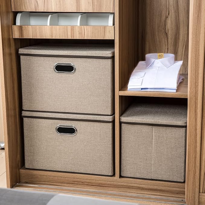 PRANDOM Extra Large Collapsible Storage Bins with Lids [5-Pack] Linen Fabric Foldable Storage Baskets Boxes Organizer Containers Cube with Cover for Bedroom Closet Office Nursery (22.8x15.75x13.8)