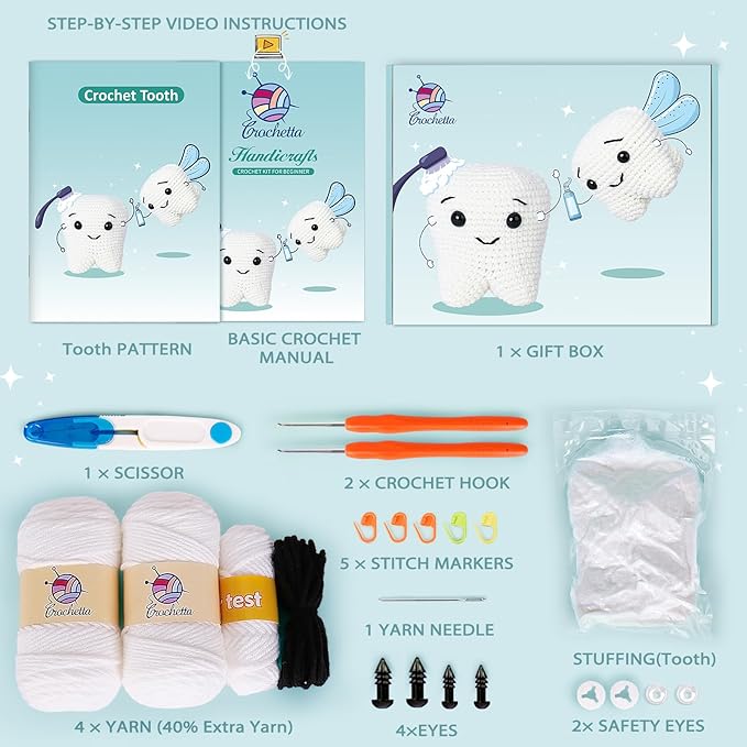 Crochet Kit for Beginners, Crochet Kit w Step-by-Step Video Tutorials, Crochet Starter Kit Learn to Crochet Kits for Adults Kids Beginners, Crochet Kit Tooth (40%+ Yarn Content)