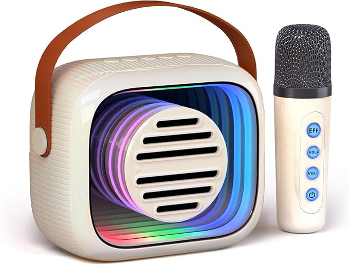 YF93 Mini Karaoke Machine for Kids with Bluetooth Speaker, 7 Voice-Changing Modes, Colorful LED Mirror Lights, TF Card Support, Rechargeable 2200mAh Battery, Portable Singing Gift for Children(Beige)