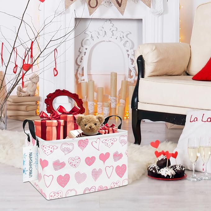 LANGYASHAN Rectangular Storage Bin Collapse Canvas Fabric Cartoon Storage Basket with Handles for Organizing Home Kitchen Boys and Girls Toys Office Closet Shelf Baskets (Rec Angel Heart)