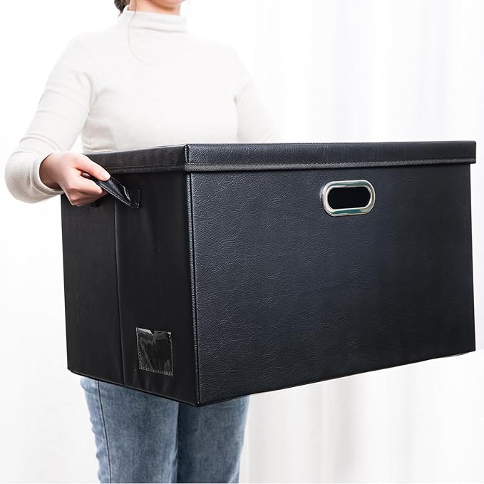PRANDOM Extra Stackable Storage Bins with Lids [5-Pack] Leather Fabric Foldable Storage Boxes Organizer Containers Baskets Cube with Cover for Bedroom Closet Office Nursery Black (22.8x15.7x13.8)