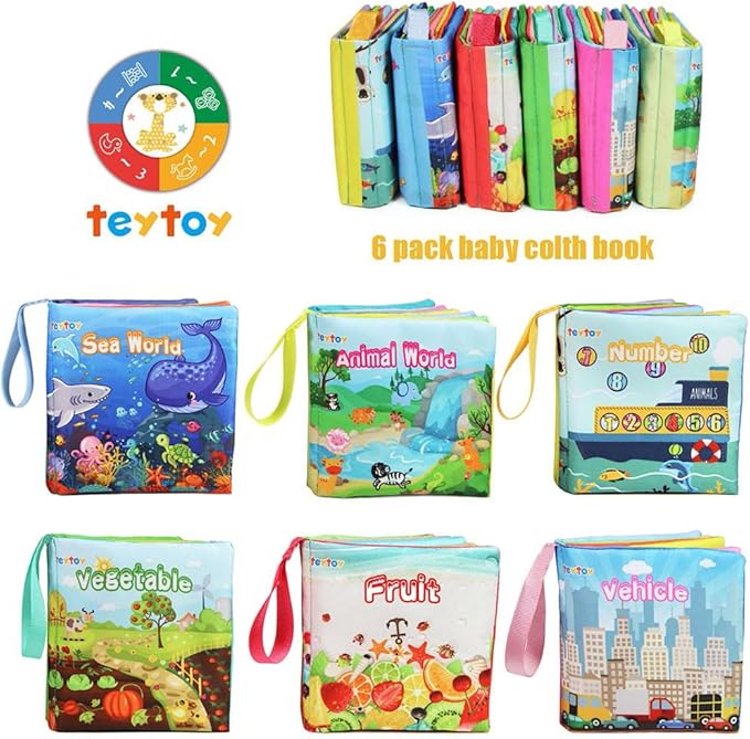 teytoy My First Soft Book,Nontoxic Fabric Baby Cloth Books Early Education Toys Activity Crinkle Cloth Book for Toddler, Infants and Kids Perfect for Baby Shower -Pack of 6