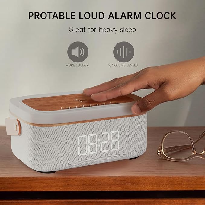 LOVME Alarm Clock Bluetooth Speaker for Bedroom, Bluetooth Stereo Sound Speaker, Fast 15W Wireless Charger, Dimmer, Night Light for Heavy Sleepers, Gift Set, Bedside(Khaki)