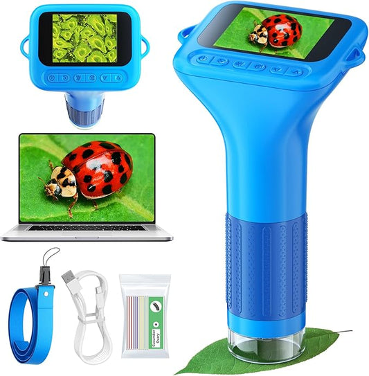 Microscope for Kids with 12 Slides, 100X-1000X 1080P Digital Handheld Kids Microscope, Mini Portable Pocket Miniscope Science Toys Gifts for 3+ 4 5 6 7 8 9 10 11 12 Year Old Boys Girls, Blue