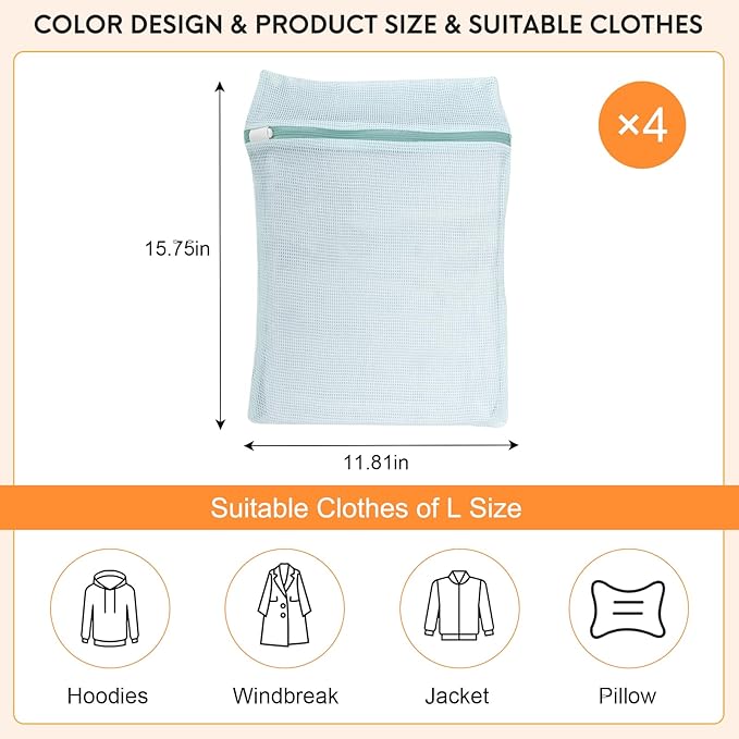 4-Piece Blue Medium Durable Organic Cotton Mesh Laundry Bags with Sturdy Zippers and Breathable Mesh are Delicate Laundry Bags for Underwear, Clothes, Pants and Socks