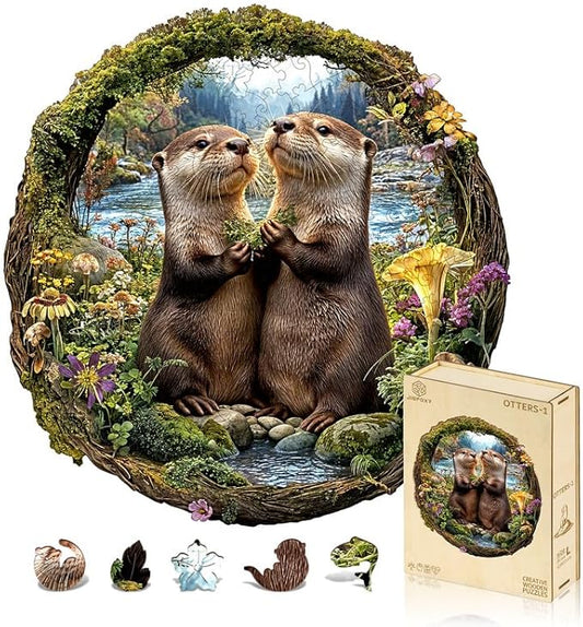 Jigfoxy Wooden Puzzles for Adults, Otter Couple Wood Puzzles Adult, Unique Animal Shape Wooden Jigsaw Puzzles for Adults, Birthday Gifts for Puzzle Lovers Family Friend (S-8.1 * 8.4in-102pcs)