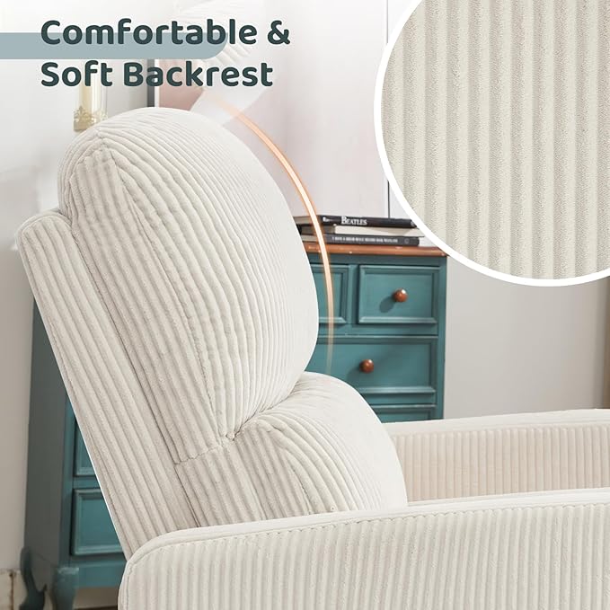 Swivel Rocker Recliner, Oversized Manual Nursery Glider Rocking Recliner Chair with Removable Cushion, Upholstered Swivel Reclining Chair for Nursery Living Room Bedroom, Corduroy White