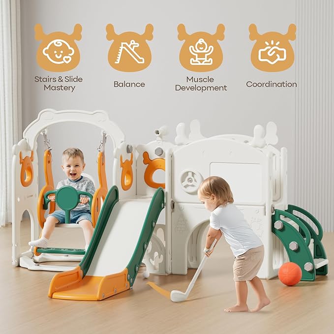 Mloong 12 in 1 Toddler Slide and Swing Set, Kids Slide for Toddlers 1-3 Years Old, Baby Playset Indoor Outdoor with Basketball Hoop Drawing Golf(Yellow & Green)(82×67×41in)