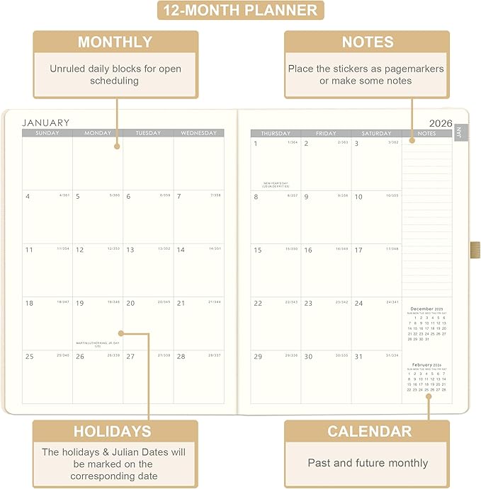 2026 Planner - JAN 2026 - DEC 2026, Planner 2026, Weekly and Monthly Planners, Leather Cover Planners with Thick Paper, Back Pocket with Notes Pages, Seashell Gold (8.5" x 11")