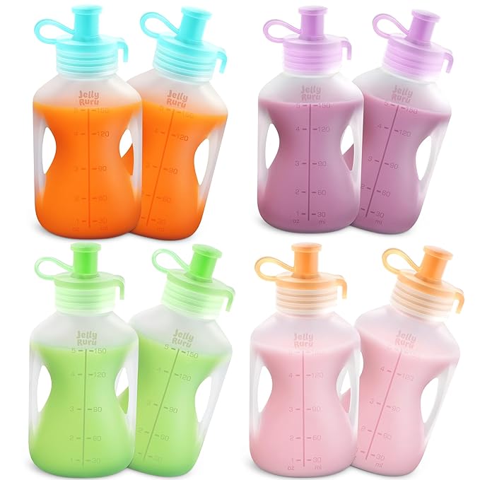 Silicone Reusable Baby Food Pouches with Straws, 8 Pack Leakproof Refillable Squeeze Pouches, Dishwasher, Freezer, Microwave Safe, 5OZ Baby Food Storage for Homemade Puree, Yogurt