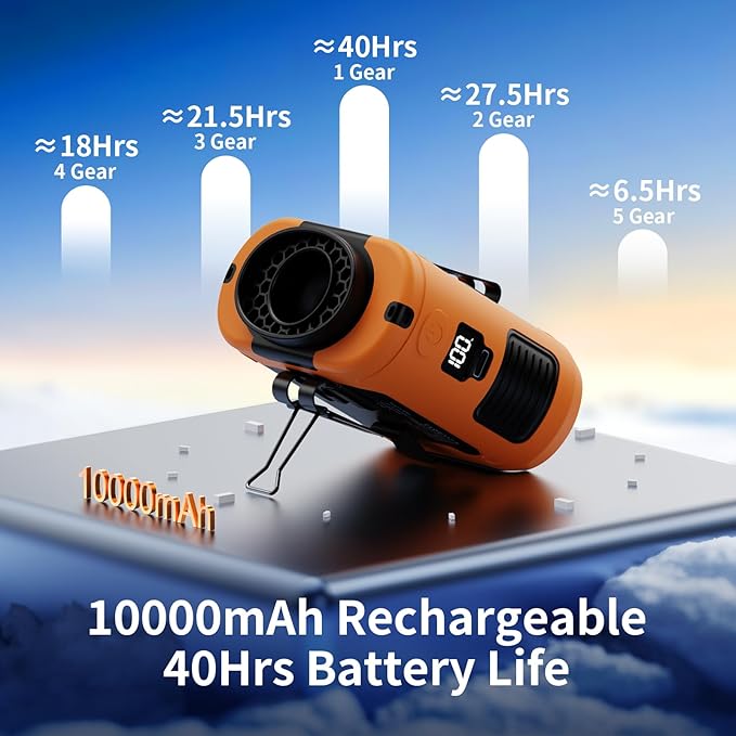 Socool 10000mAh Portable Waist Fan Clip on Wearable Belt Personal Fan Rechargeable Battery Operated with 5 Speeds & Flashlight Neck Hands-Free 40H Cooling for Outdoor Travel Power Bank (Orange)