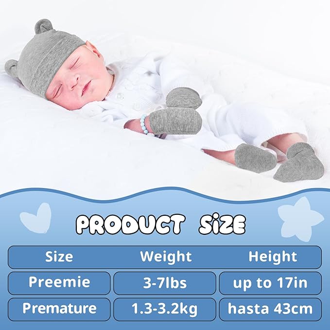 Cuffbow 4 Pcs Preemie Hats Mittens and Socks Set Preemie Mittens Warm Terry Socks for Baby
