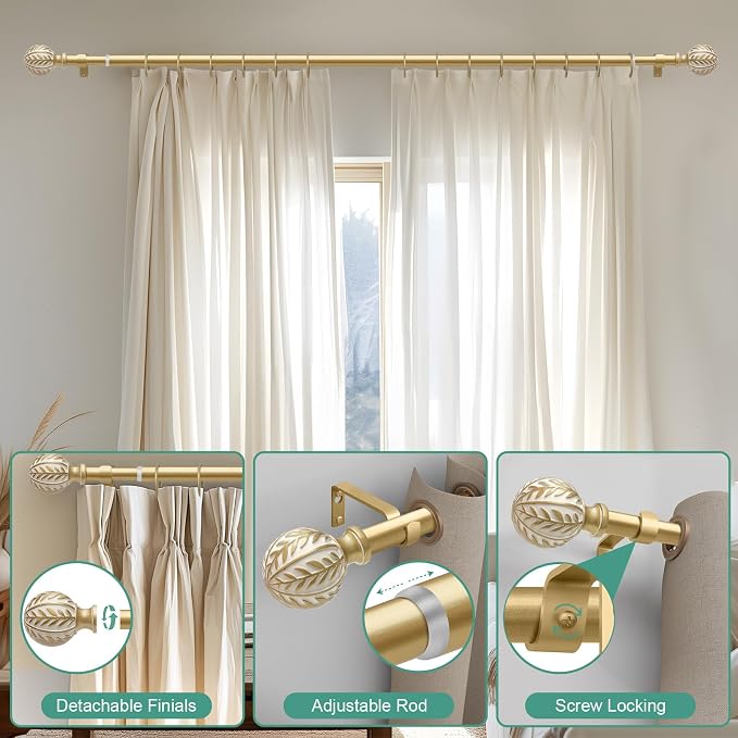 QDWIS Gold Curtain Rods for Windows 48 to 84 inch, Rustic Decorative Drapery - Image 9