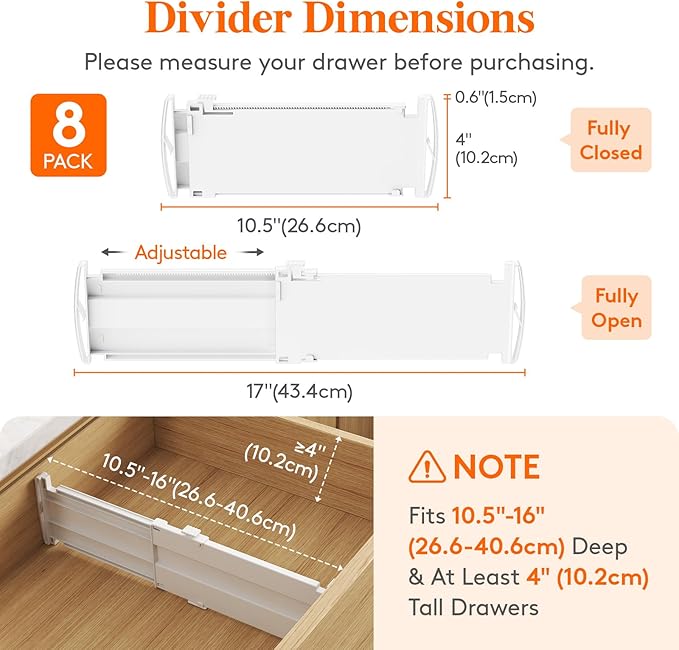 Lifewit 8 Pack Drawer Dividers 4" High, 10.5-16.5" Dresser Drawer Divider, Adjustable Drawer Organizers for Clothes, Plastic Drawers Separators for Dresser, Bedroom, Bathroom, Kitchen, Office