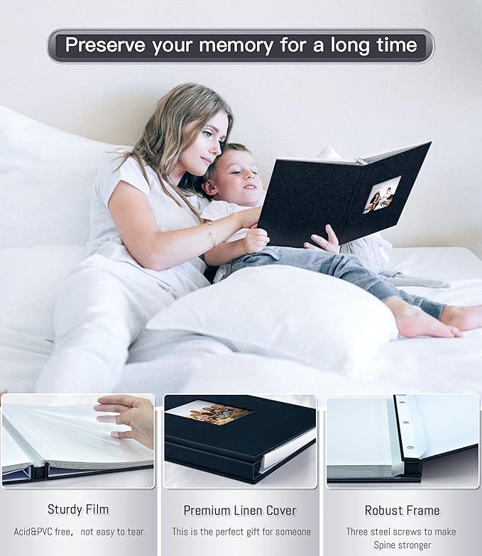 popotop Photo Album Self Adhesive with Picture Display Window,60 Pages DIY Scrapbooking Supplies Kit for 4x6 8x10 Picture,Linen Cover Memory Book for Baby Wedding, with Scraper and Metallic Pen