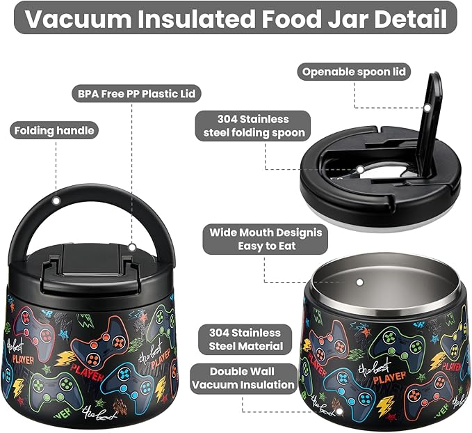 14oz Insulated Vacuum Food Jar with Buckle Lid,Soup Thermo for Hot Food Kids,Wide Mouth Leakproof Stainless Steel Lunch Container with Spoon-Black Game