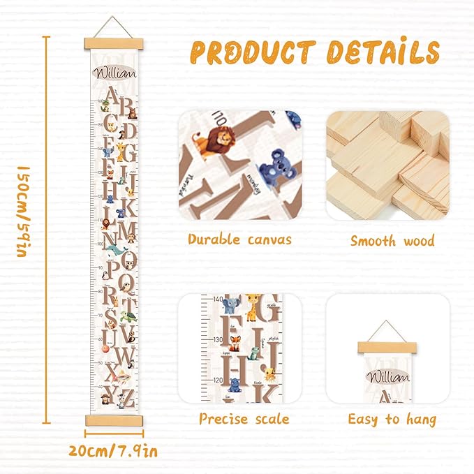 Customize Name Growth Chart Wall, Cute Letters Canvas Height Chart for Kids, Height Indicator Tape Ruler Growth Chart Decor, Toddler Room Decoration, Baby Measuring Board