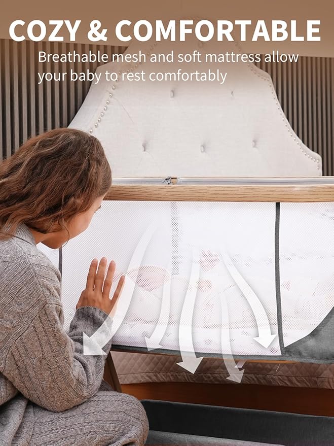 Baby Bassinet Bedside Sleeper - 3 in 1 Bassinets with Waterproof Sheets, Soft Mattress and Breathable Mesh, Adjustable Height Bedside Bassinet for Baby with Wheels, Storage Basket, Gray