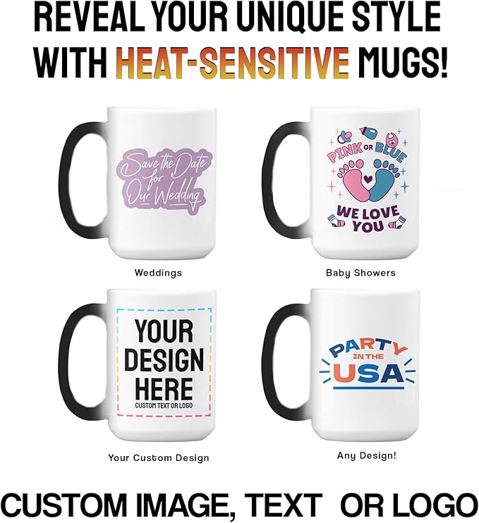Personalized Coffee Mug – Custom Photo, Text, or Logo Ceramic Magic Mug Tea | Taza Personalizada with Heat Sensitive Color Changing Cup | Customized Gift Idea for Men & Women - Black |15oz