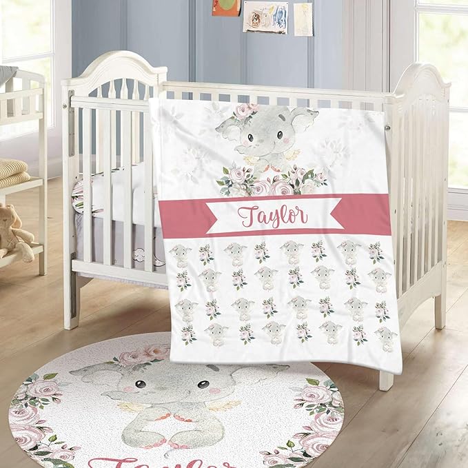 Personalized Baby Crib Bedding Set - Custom Name Lovely Elephant Design 3 Pcs Set - Soft Blanket with Double Layer Dotted Backing, Fitted Sheet, Room Rug for Newborns Boys Girls Shower Gift