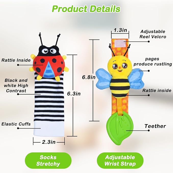 Baby Toys 0-6 Months,Soft Rattle Socks and Wristband Set,Hand and Foot Sensory Development Toys for Babies 0-12 Months with Infant Teething Toys,Shower Gifts for Newborn Boy and Girl