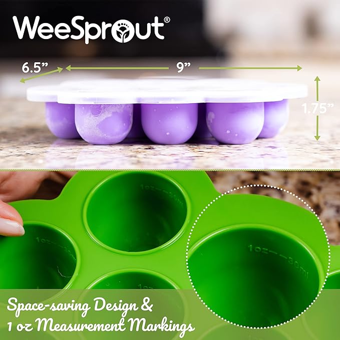 WeeSprout Silicone Freezer Tray with Clip on Lid Perfect Food Storage Container for Homemade Baby Food, Vegetable, Fruit Purees, and Breast Milk (Bright Green, Ten 1.5 Ounce Sections)