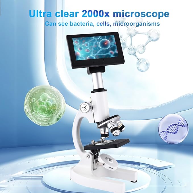 Microscope 40X-2500X Magnification with 4.3-inch Display, Wide-Angle 10X and 25X eyepieces, and Built-in 5-megapixel Camera for School Labs, Animal Husbandry (White)