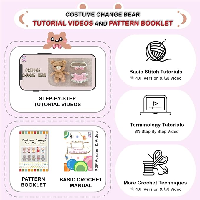 LoopMap Crochet Kit for Beginners - DIY Amigurumi Bear with Removable Dress & Accessories - Step-by-Step Video Tutorials, Extra Yarn, Crochet Tools, Handmade Gift for Kids & Adults (Bear K01, Pink)