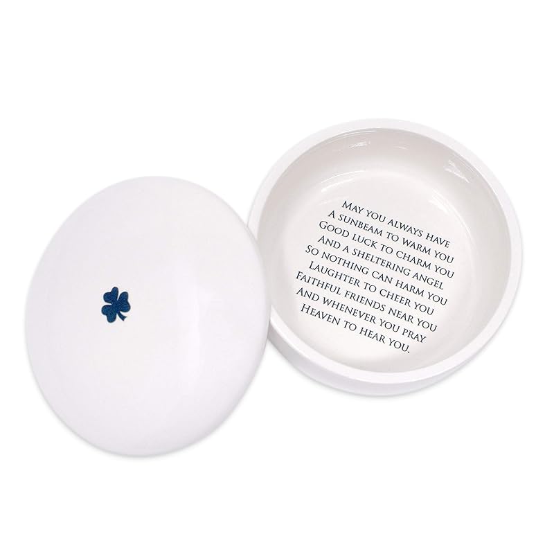Baptism Gift or First Communion Gift, Ceramic Keepsake Box With Irish Blessing - Round Box with Shamrock in Green for Godchild