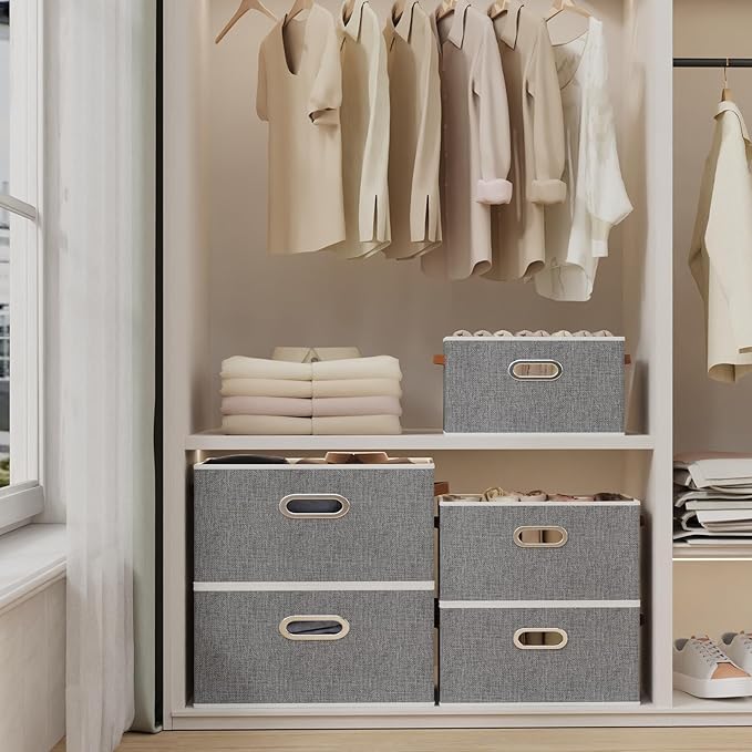 Yawinhe Fabric Storage Bins with Handles, Foldable Baskets for Shelves, Cubes with 3 Handles, Large Boxes for Clothes, Grey, 16.9''Lx11.8''Wx10.2''H, 6-Pack